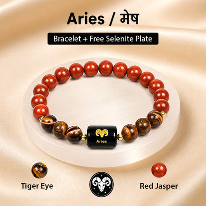 Certified Aries (मेष राशि) Zodiac Gemstone Bracelet with FREE Natural Raw Selenite Plate | Natural Crystal Bracelet for Courage, Confidence & Leadership | Astrology Gift for Men & Women
