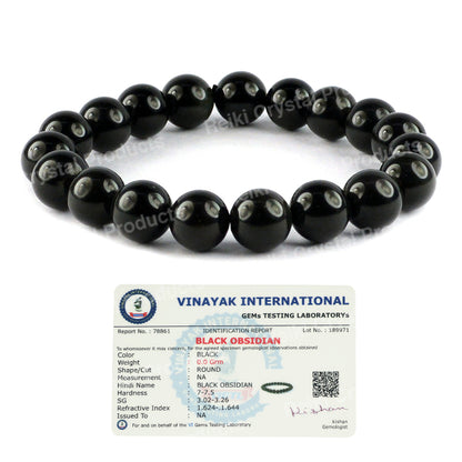 Certified Black Obsidian 10 mm Round Bead Bracelet for Protection, Strength, Grounding & Emotional Balance | Reiki Charged Gemstone Bracelet for Men & Women