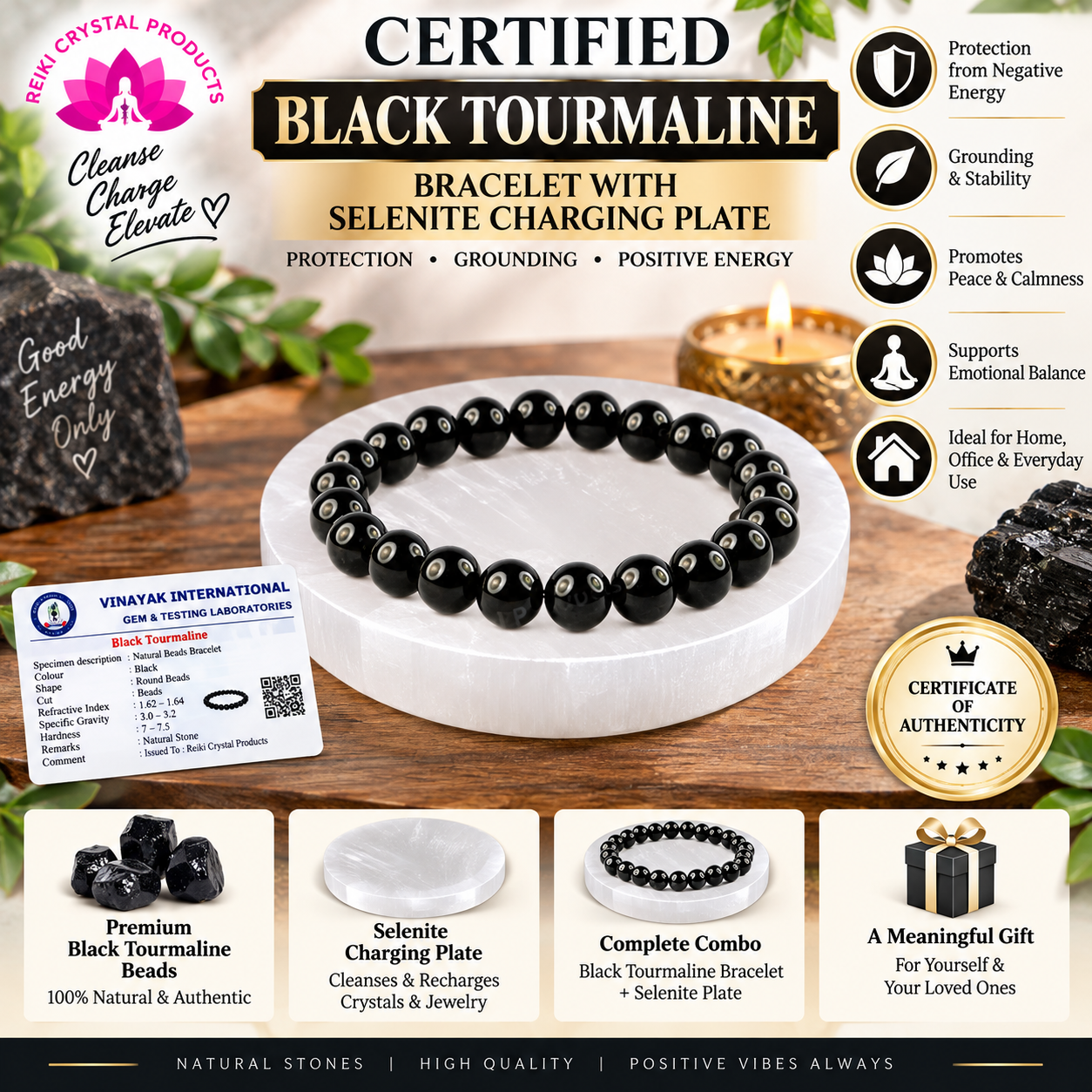 Certified Black Tourmaline Bracelet with Selenite Charging Plate Combo