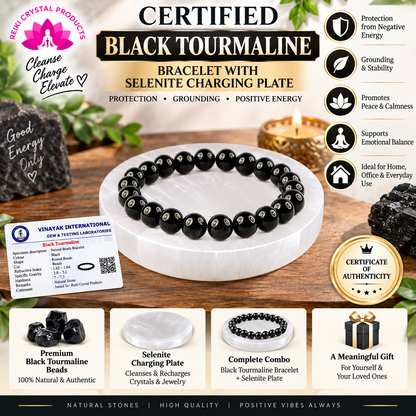 Certified Black Tourmaline Bracelet with Selenite Charging Plate Combo
