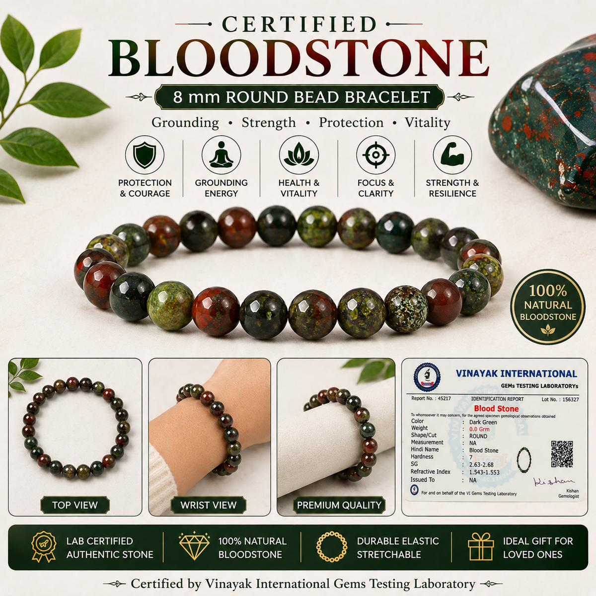 Certified Bloodstone 8 mm Round Bead Bracelet | Natural Bloodstone Crystal Bracelet | Reiki Energized Gemstone Bracelet for Strength, Courage, Meditation & Everyday Wear
