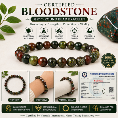 Certified Bloodstone 8 mm Round Bead Bracelet | Natural Bloodstone Crystal Bracelet | Reiki Energized Gemstone Bracelet for Strength, Courage, Meditation & Everyday Wear
