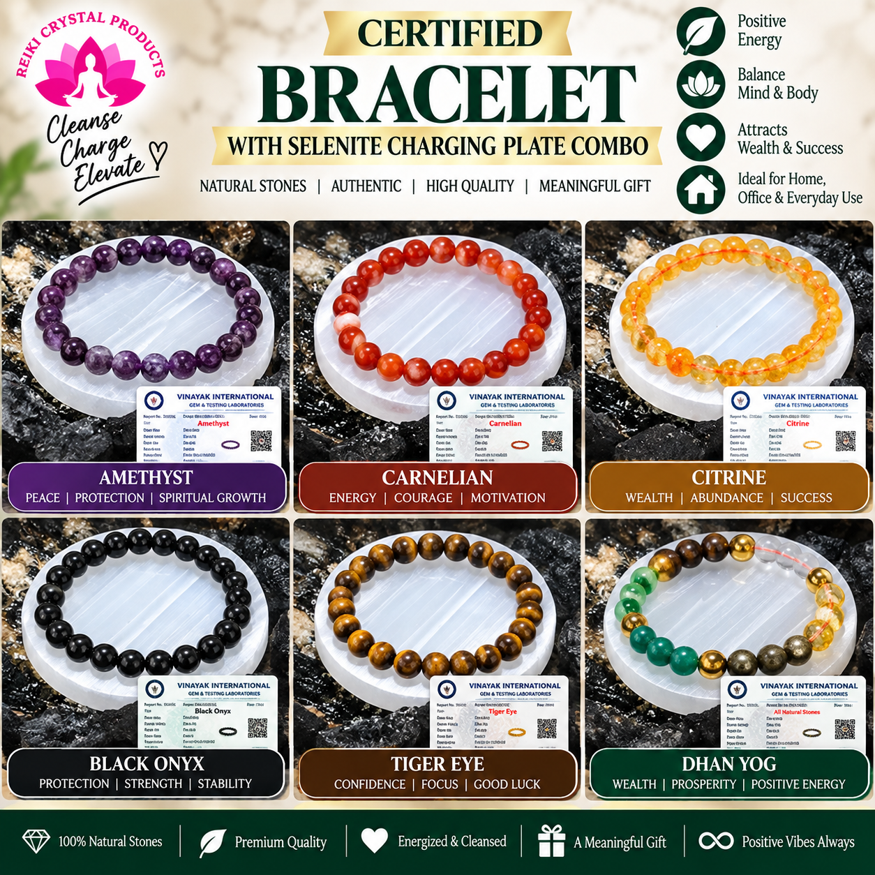 Certified Bracelet with Selenite Charging Plate Combo Set