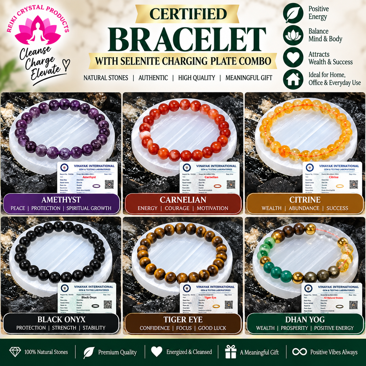 Certified Bracelet with Selenite Charging Plate Combo Set