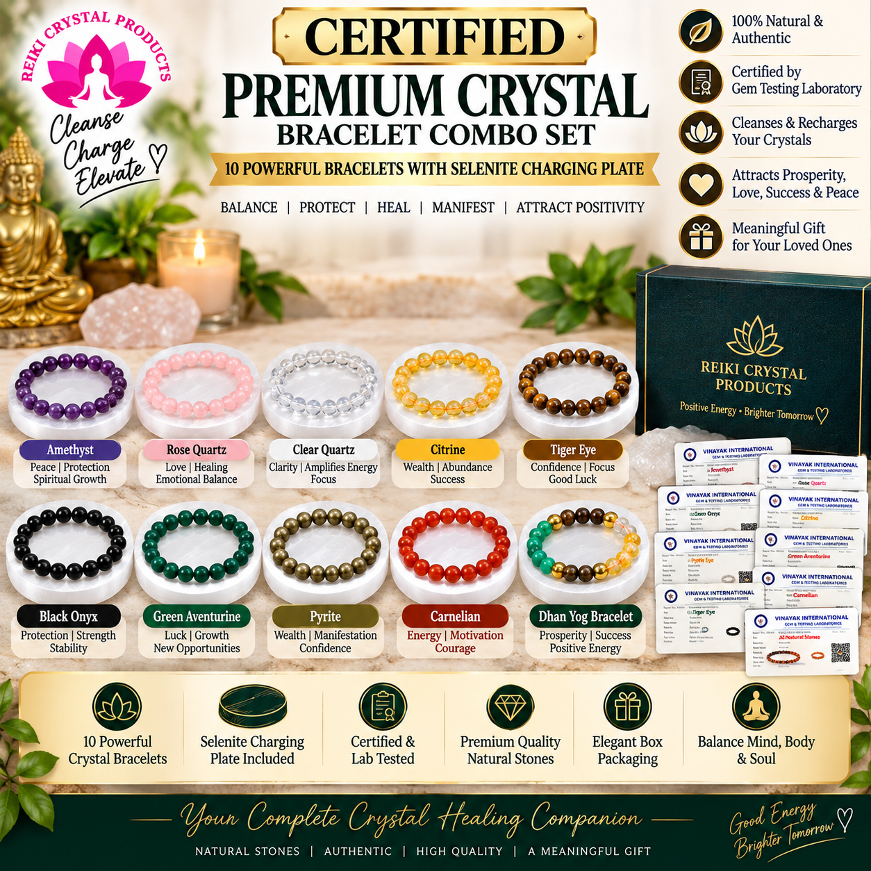 Certified Bracelet with Selenite Charging Plate Combo pack