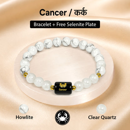 Certified Cancer (कर्क राशि) Zodiac Gemstone Bracelet with FREE Natural Raw Selenite Plate | Natural Crystal Bracelet for Emotional Balance, Intuition, Peace & Positivity | Astrology Gift for Men & Women