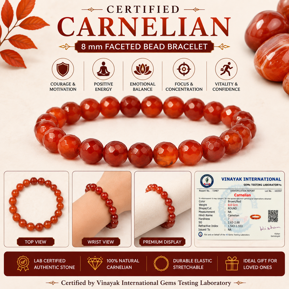 Certified Carnelian 8 mm Faceted Bead Bracelet for Confidence, Courage & Motivation for Men & Women