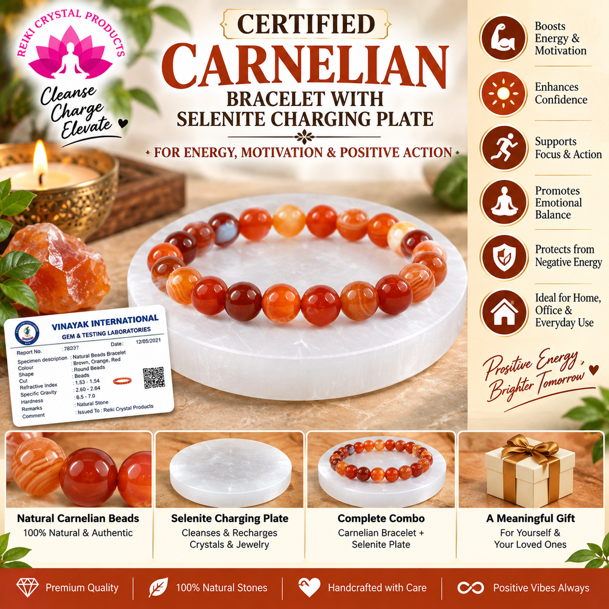 Certified Carnelian Bracelet with Selenite Charging Plate Combo