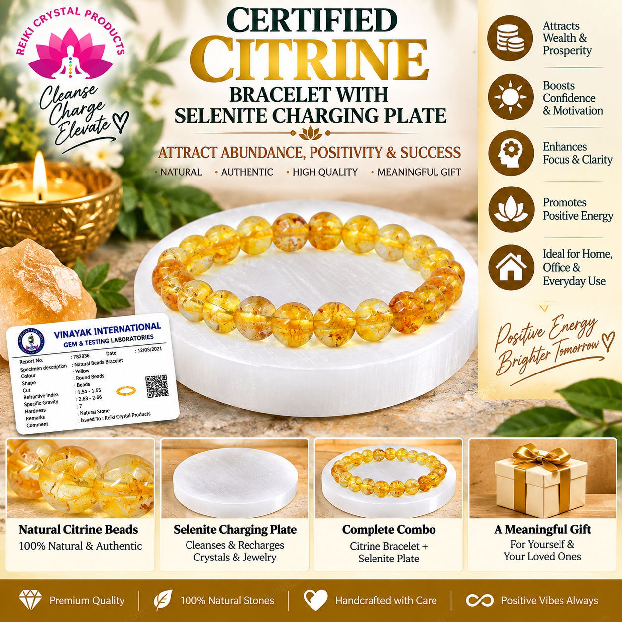 Certified Citrine Bracelet with Selenite Charging Plate Combo