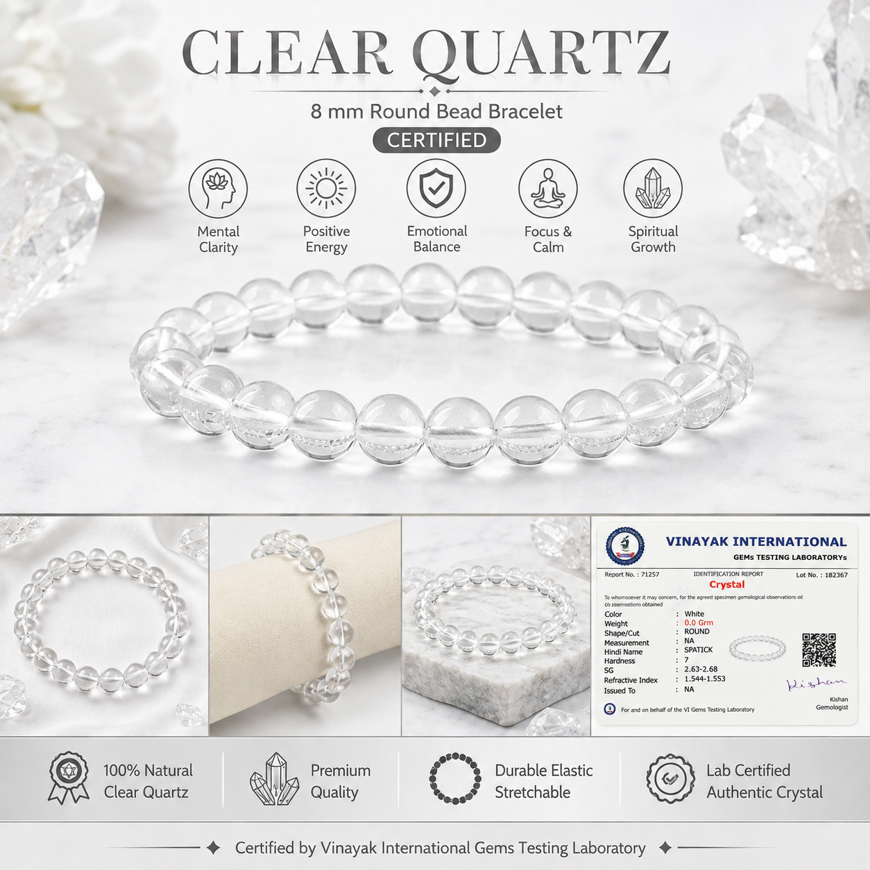 Certified Clear Quartz 8 mm Round Bead Bracelet for Healing Gemstone Bracelet for Clarity, Focus, Energy & Positive Vibes