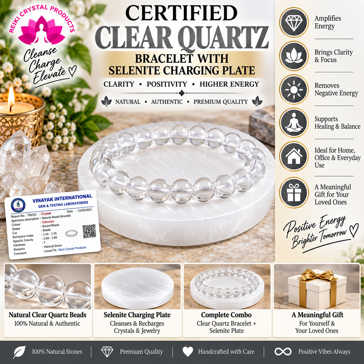 Certified Clear Quartz Bracelet with Selenite Charging Plate Combo