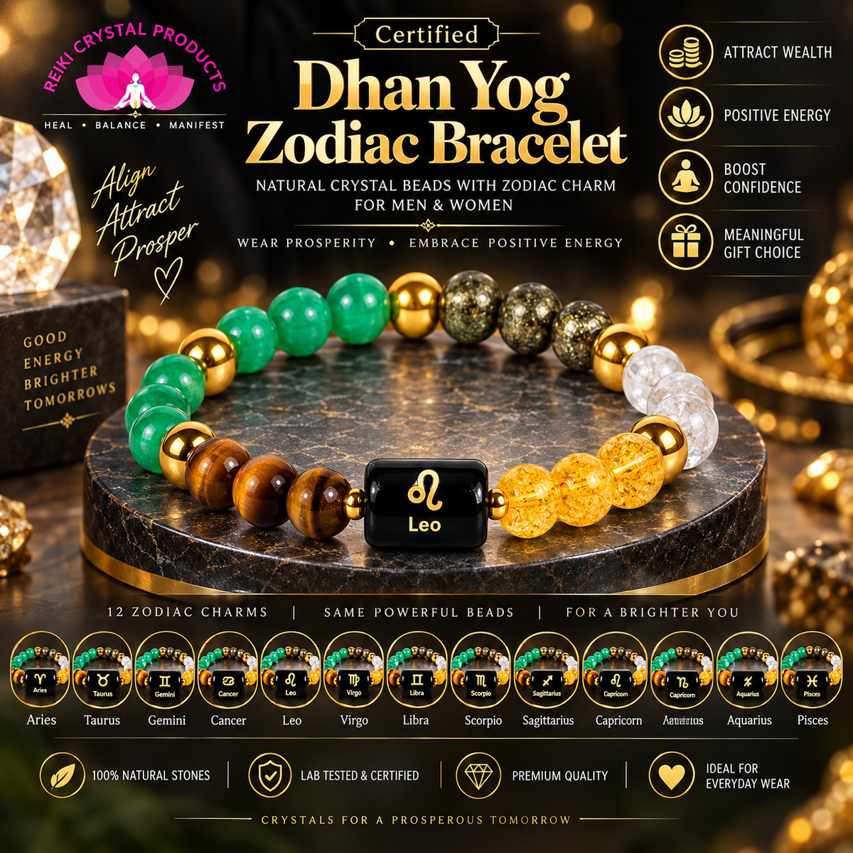 Certified Dhan Yog Zodiac Bracelet 8 mm Natural Crystal Beads