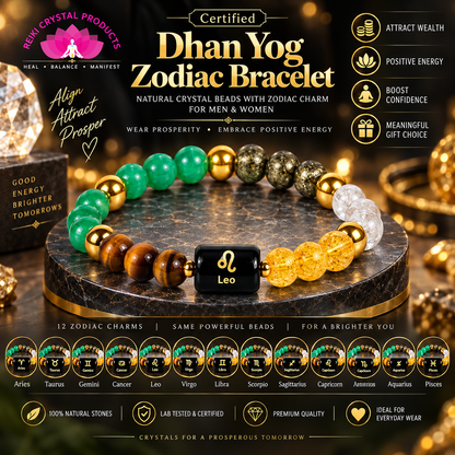 Certified Dhan Yog Zodiac Bracelet 8 mm Natural Crystal Beads