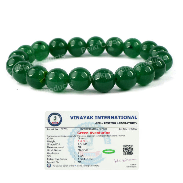 Certified Green Aventurine 10 mm Round Bead Bracelet | Natural Green Aventurine Crystal Bracelet for Luck, Prosperity, Success & Opportunity | Reiki Charged Gemstone Bracelet for Men & Women | Adjustable Healing Bracelet