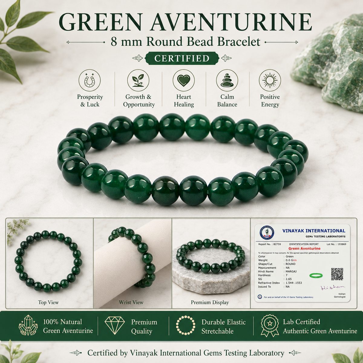 Certified Green Aventurine 8 mm Round Bead Bracelet for Prosperity, Growth & Positive Energy  Certified Natural Green Aventurine Crystal Bracelet  Reiki Energized Gemstone Bracelet for Men & Women
