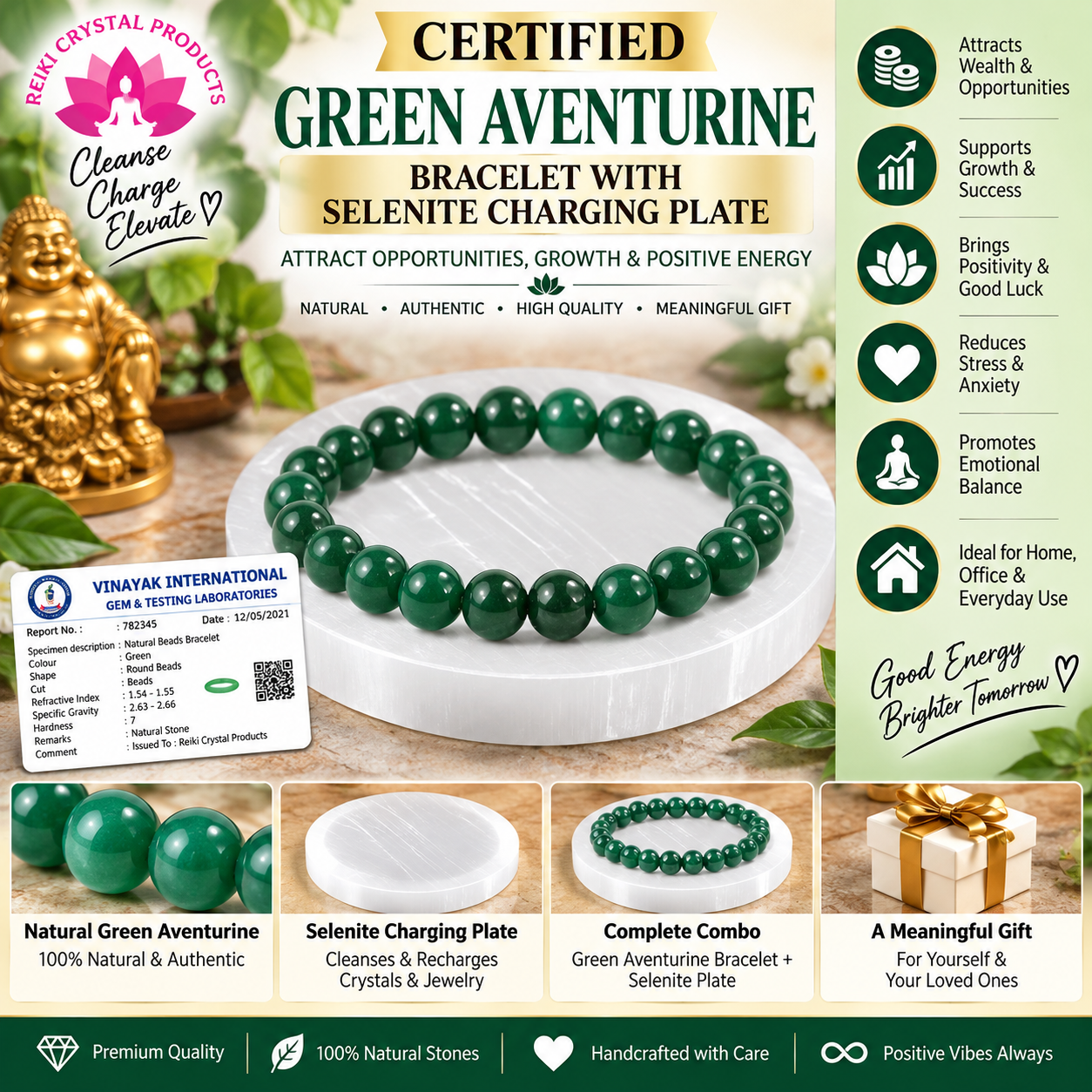 Certified Green Aventurine Bracelet with Selenite Charging Plate Combo