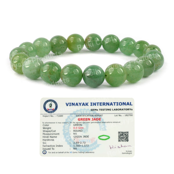 Certified Green Jade 10 mm Round Bead Bracelet | Natural Green Jade Crystal Bracelet for Luck, Prosperity, Harmony & Success | Reiki Charged Gemstone Bracelet for Men & Women | Adjustable Healing Bracelet