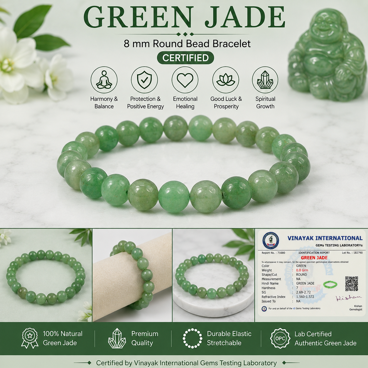 Certified Natural Green Jade 8 mm Round Bead Bracelet for Luck, Prosperity, Harmony & Emotional Balance