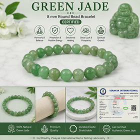 Certified Natural Green Jade 8 mm Round Bead Bracelet for Luck, Prosperity, Harmony & Emotional Balance