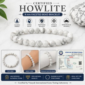 Certified Howlite 8 mm Faceted Bead Bracelet  Natural Howlite Crystal Bracelet  Reiki Energized Gemstone Bracelet for Calmness, Meditation & Everyday Wear
