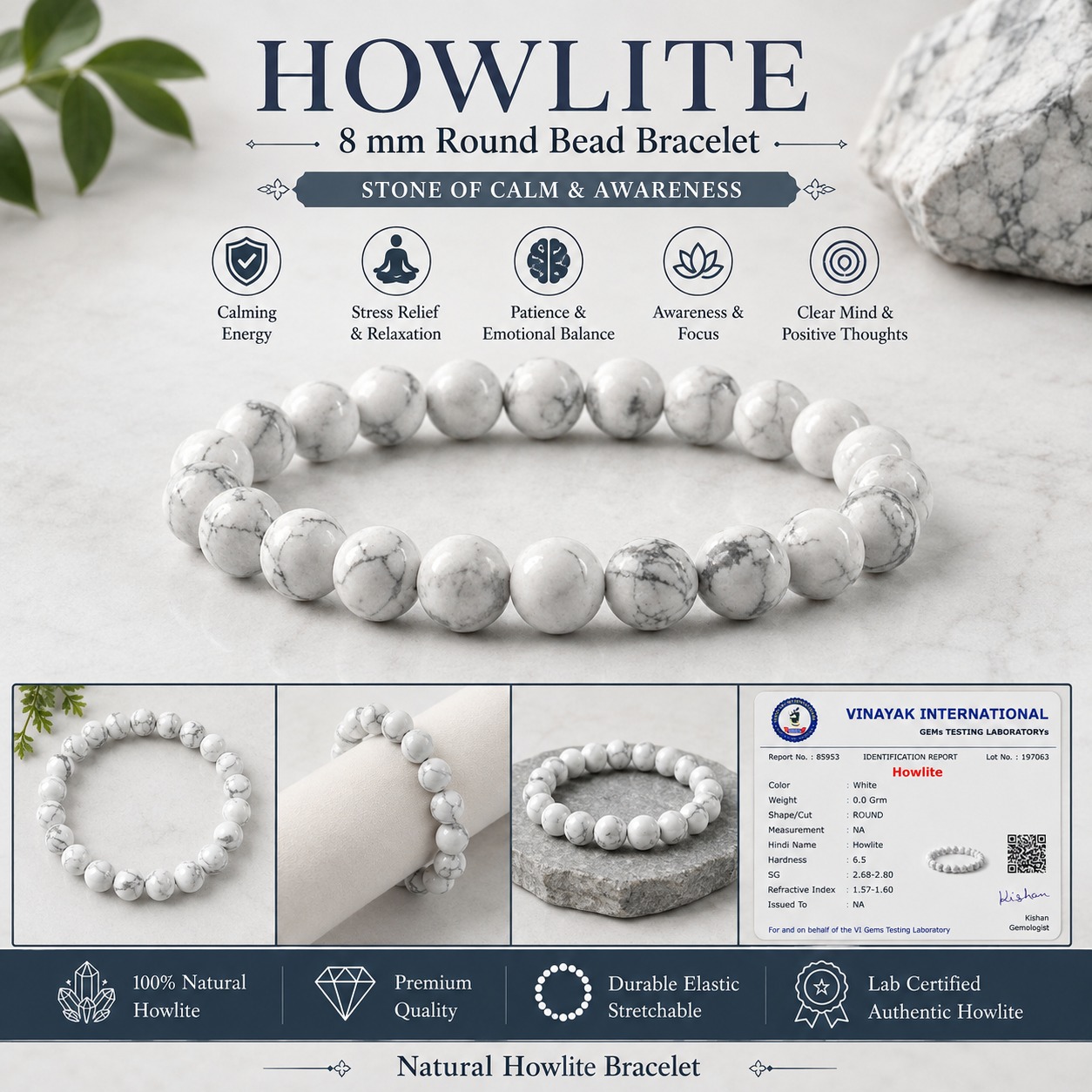 Certified Howlite 8 mm Round Bead Bracelet  Natural Howlite Crystal Bracelet  Reiki Energized Gemstone Bracelet for Calmness, Patience, Meditation & Everyday Wear
