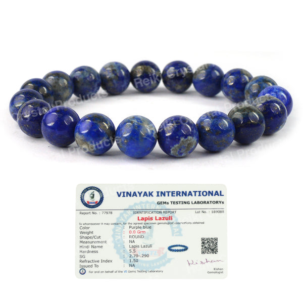 Certified Lapis Lazuli 10 mm Round Bead Bracelet for Wisdom, Confidence, Communication & Protection | Reiki Charged Gemstone Bracelet for Men & Women