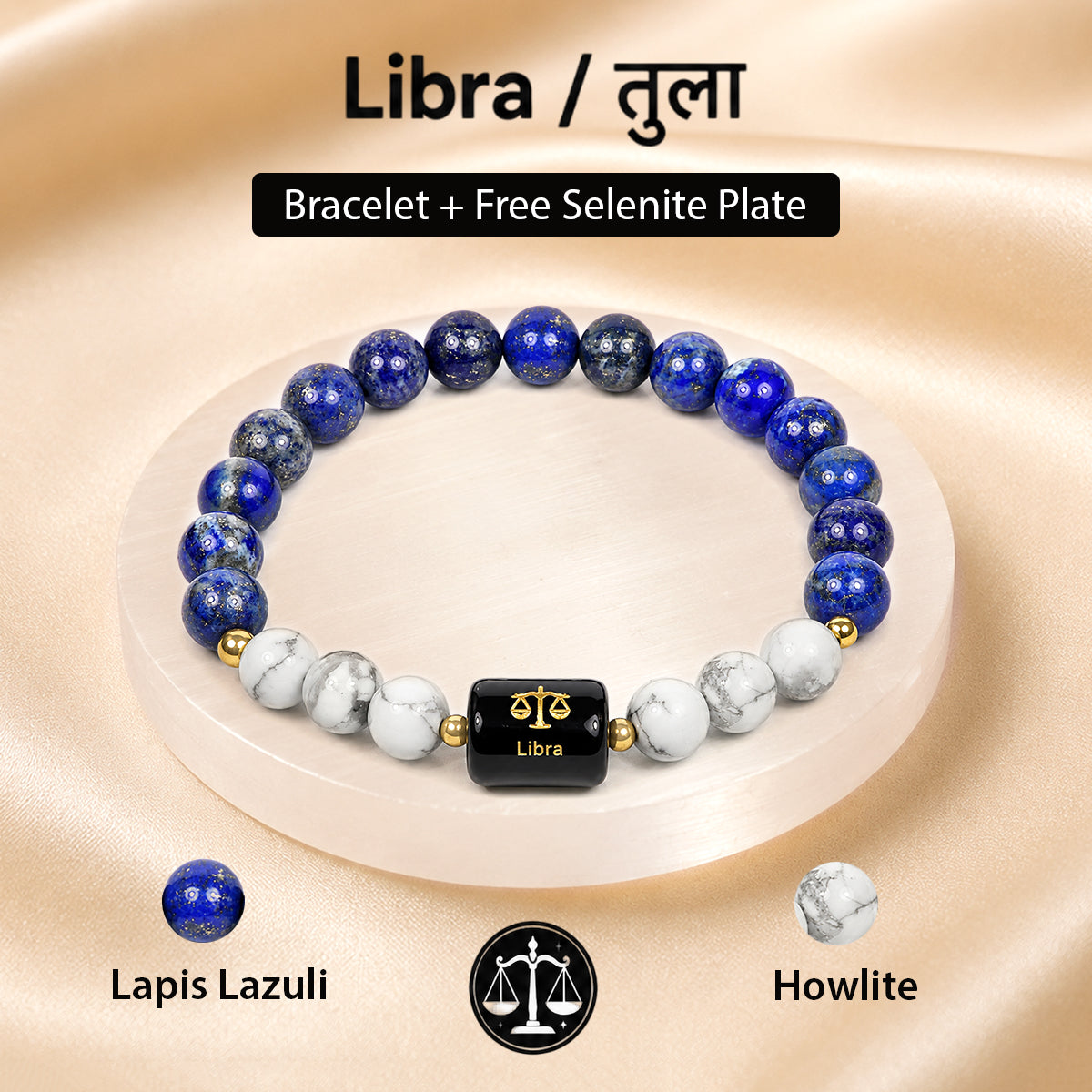 Certified Libra (तुला राशि) Zodiac Gemstone Bracelet with FREE Natural Raw Selenite Plate | Natural Crystal Bracelet for Balance, Harmony, Confidence & Positive Energy | Astrology Gift for Men & Women