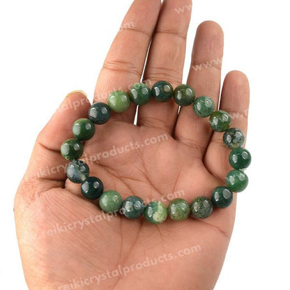 Certified Moss Agate 10 mm Round Bead Bracelet for Growth, Prosperity, Emotional Balance & New Beginnings