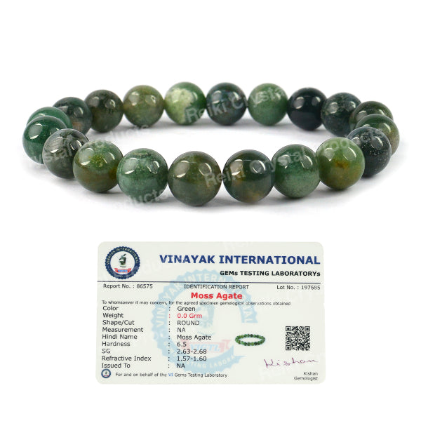 Certified Moss Agate 10 mm Round Bead Bracelet for Growth, Prosperity, Emotional Balance & New Beginnings | Reiki Charged Gemstone Bracelet for Men & Women