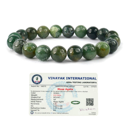Certified Moss Agate 10 mm Round Bead Bracelet for Growth, Prosperity, Emotional Balance & New Beginnings | Reiki Charged Gemstone Bracelet for Men & Women