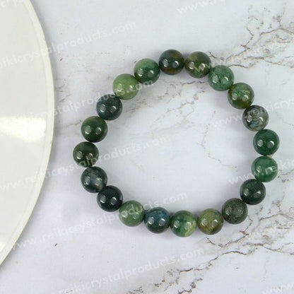Certified Moss Agate 10mm Round Bead Bracelet for Growth, Prosperity, Emotional Balance & New Beginnings