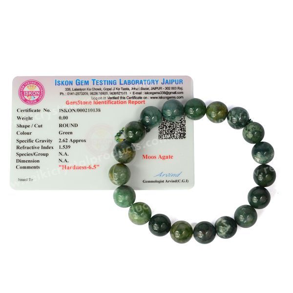 Certified Moss Agate 10mm Round Bead Bracelet for Growth, Prosperity, Emotional Balance & New Beginnings | Reiki Charged Gemstone Bracelet for Men & Women