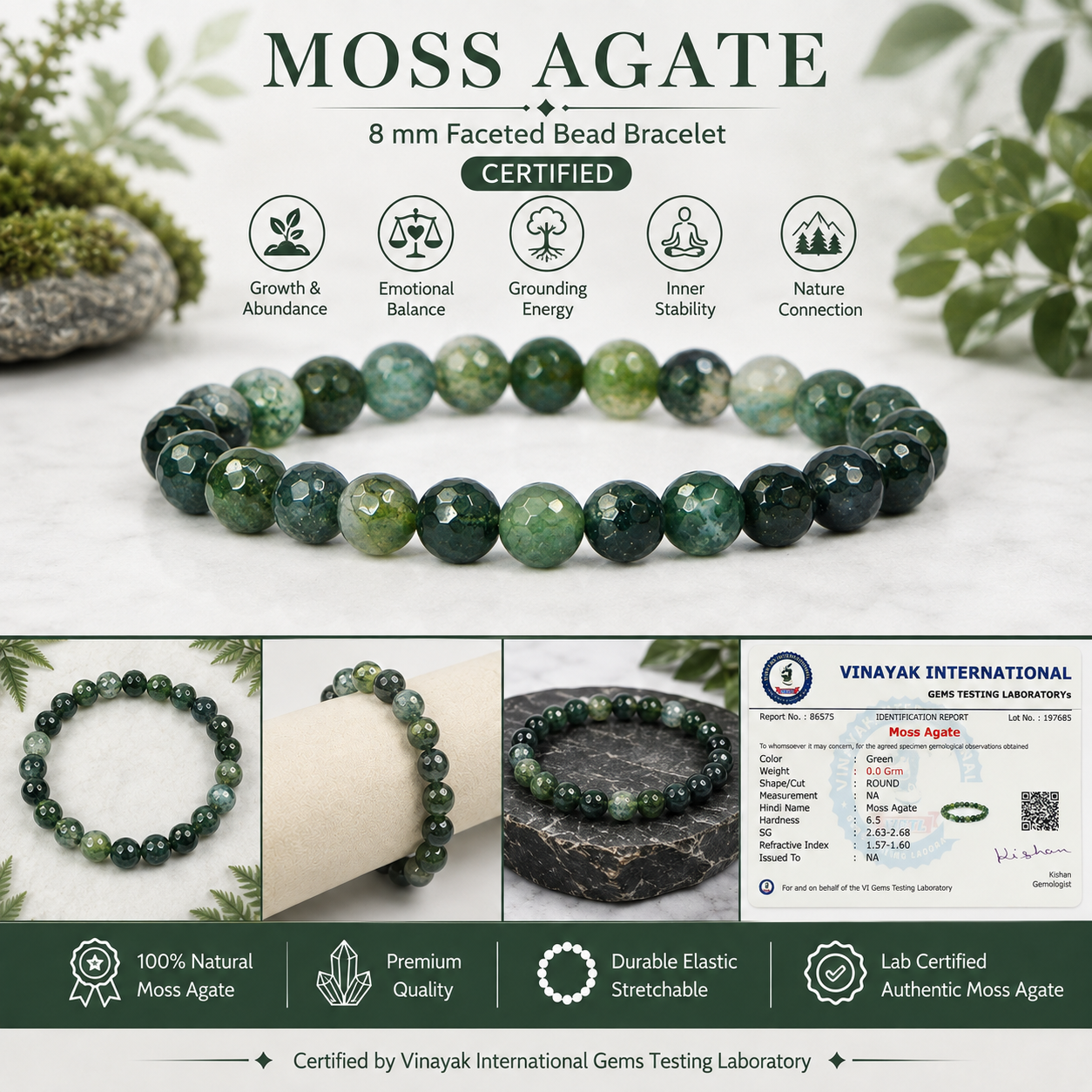 Certified Moss Agate 8 mm Faceted Bead Bracelet