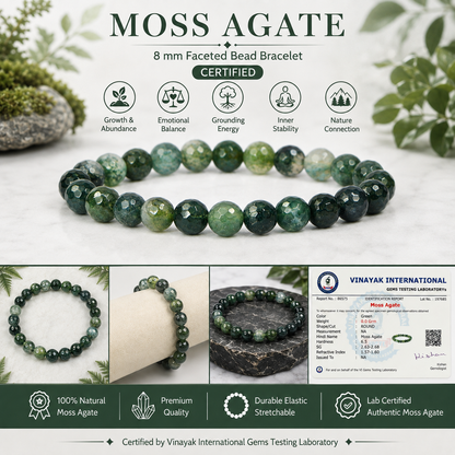 Certified Moss Agate 8 mm Faceted Bead Bracelet
