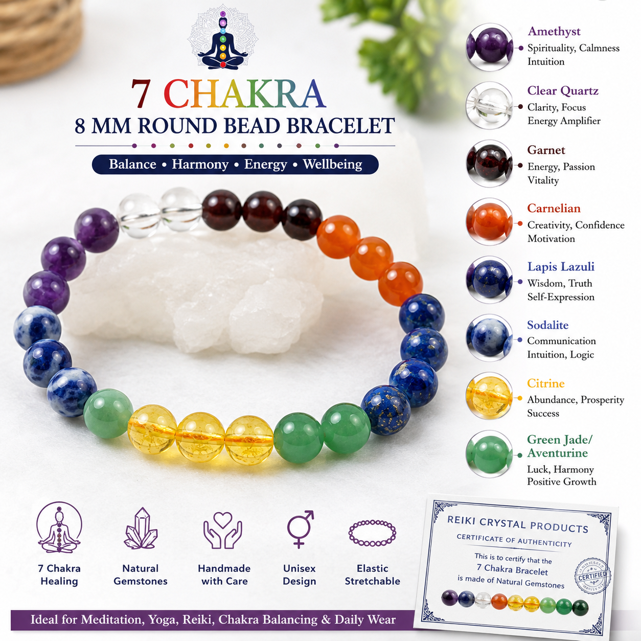 Certified Natural 7 Chakra 8 mm Round Bead Bracelet for Energy Balance, Meditation, Harmony & Spiritual Wellness
