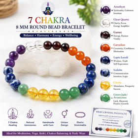 Certified Natural 7 Chakra 8 mm Round Bead Bracelet for Energy Balance, Meditation, Harmony & Spiritual Wellness
