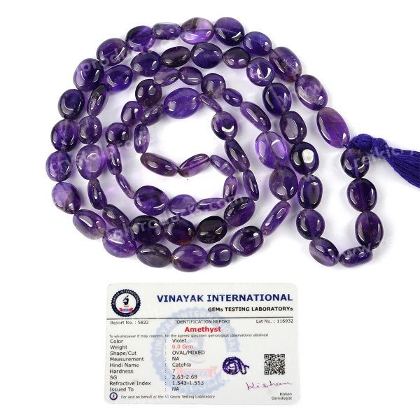 Certified Natural Amethyst Oval Beads Mala