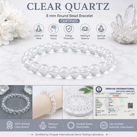 Certified Natural Clear Quartz (Sphatik) 8 mm Round Bead Bracelet for Clarity, Focus, Positive Energy & Spiritual Awareness