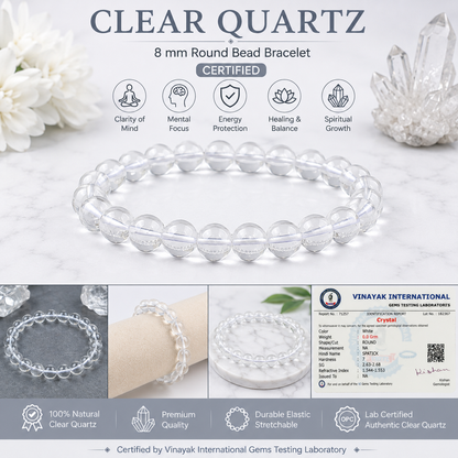Certified Natural Clear Quartz (Sphatik) 8 mm Round Bead Bracelet for Clarity, Focus, Positive Energy & Spiritual Awareness