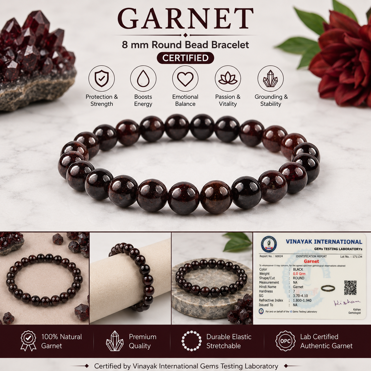 Certified Natural Garnet 8 mm Round Bead Bracelet for Strength, Confidence, Passion, Vitality & Positive Energy