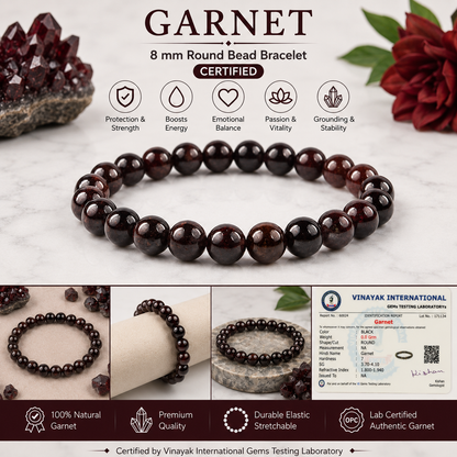 Certified Natural Garnet 8 mm Round Bead Bracelet for Strength, Confidence, Passion, Vitality & Positive Energy