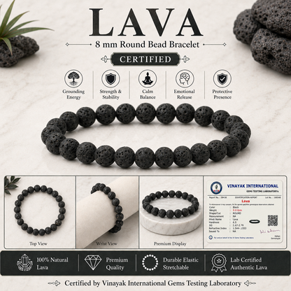 Certified Natural Lava 8 mm Round Bead Bracelet for Grounding, Strength, Courage & Emotional Balance  Reiki Charged Gemstone Bracelet for Men & Women
