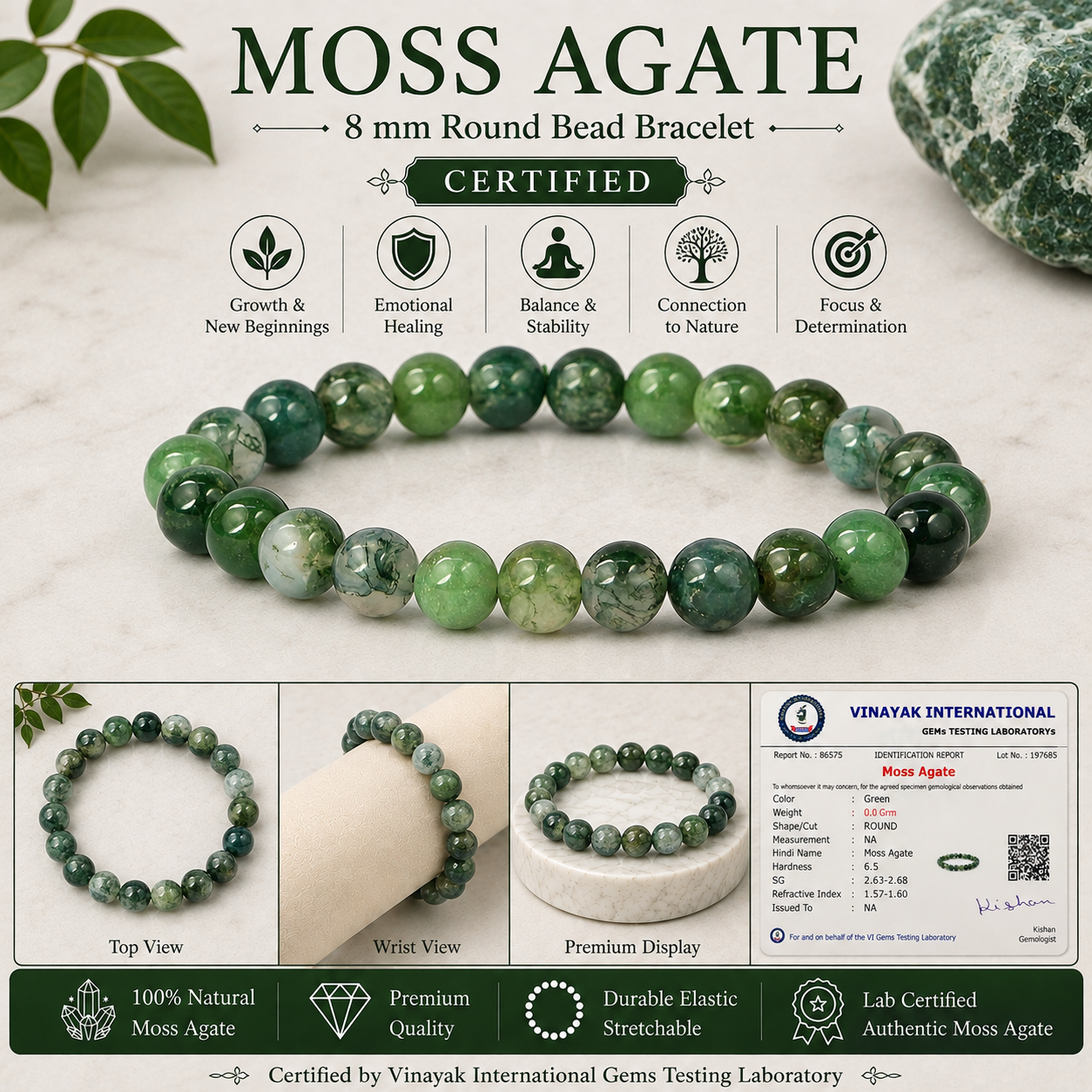 Certified Natural Moss Agate 8 mm Round Bead Bracelet for Growth, Prosperity, Emotional Balance & Positive Energy  Reiki Charged Certified Gemstone Bracelet for Men & Women
