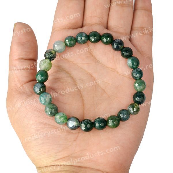 Certified Natural Moss Agate 8mm Faceted Bead Bracelet for Growth, Abundance, Emotional Balance & Harmony