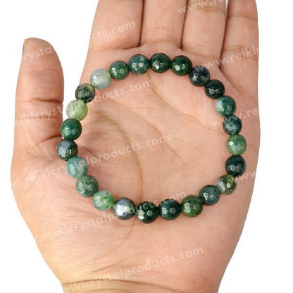Certified Natural Moss Agate 8mm Faceted Bead Bracelet for Growth, Abundance, Emotional Balance & Harmony