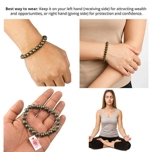 Certified Natural Pyrite 8 mm Round Bead Bracelet for Wealth, Prosperity, Success & Confidence