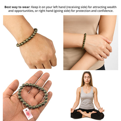 Certified Natural Pyrite 8 mm Round Bead Bracelet for Wealth, Prosperity, Success & Confidence