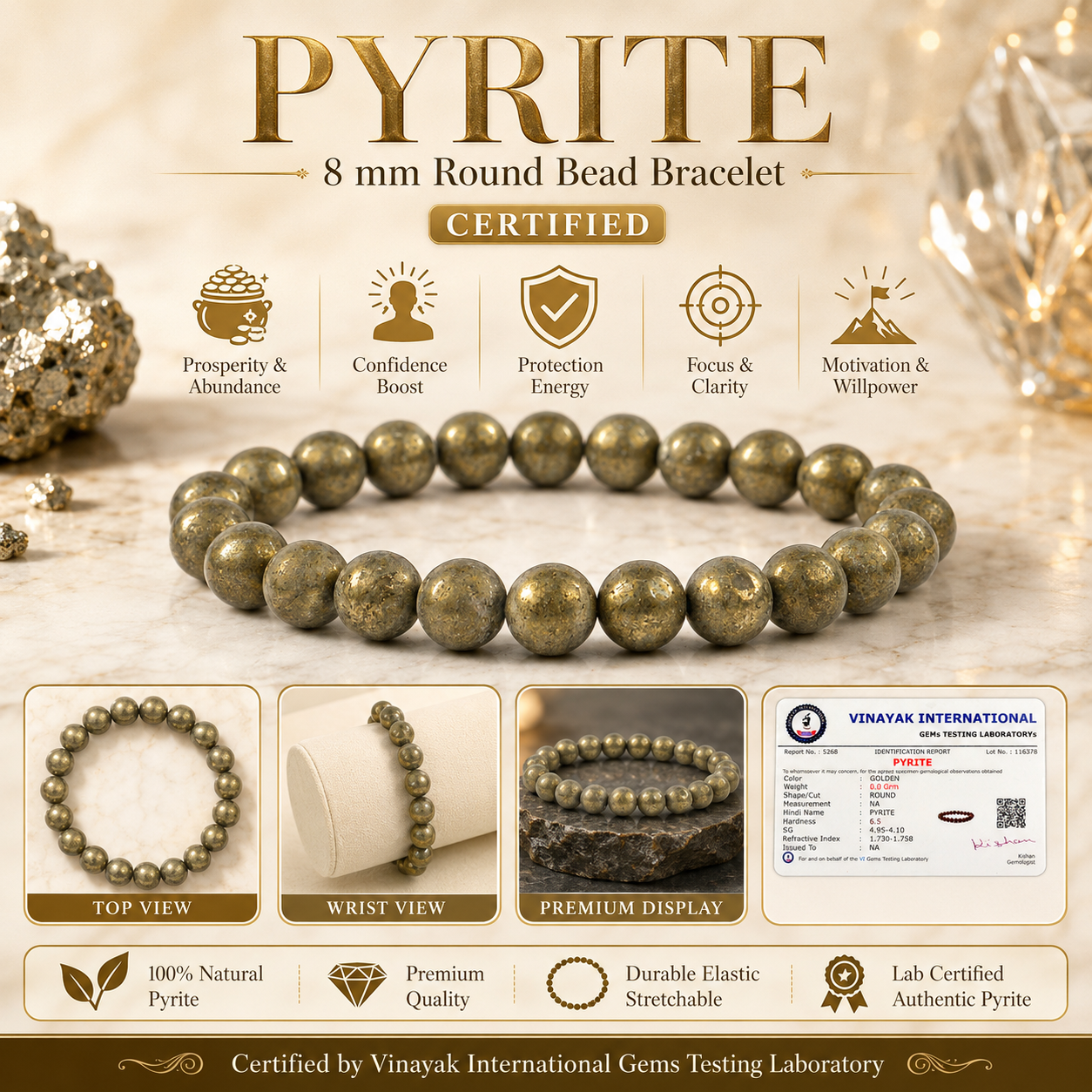 Certified Natural Pyrite 8 mm Round Bead Bracelet for Wealth, Prosperity, Success & Confidence  Reiki Charged Certified Gemstone Bracelet for Men & Women
