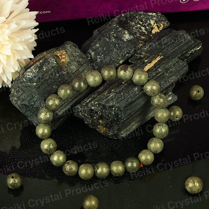 Certified Natural Pyrite 8mm Round Bead Bracelet for Wealth, Prosperity, Success & Confidence | Reiki Charged Certified Gemstone Bracelet for Men & Women