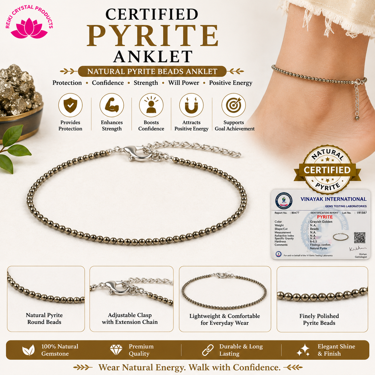 Certified Natural Pyrite Anklet for Women & Girls – Crystal Anklet for Wealth, Prosperity, Money Attraction, Confidence, Success & Positive Energy